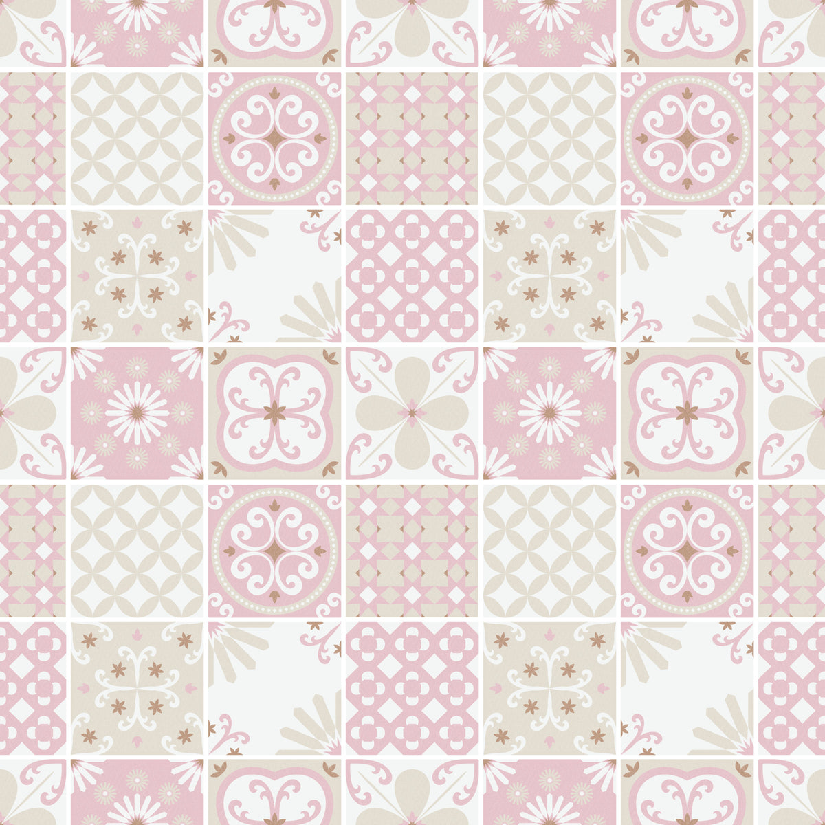 Vintage Folk Tiles – Blush Pink Wallpaper in your room — zoomed