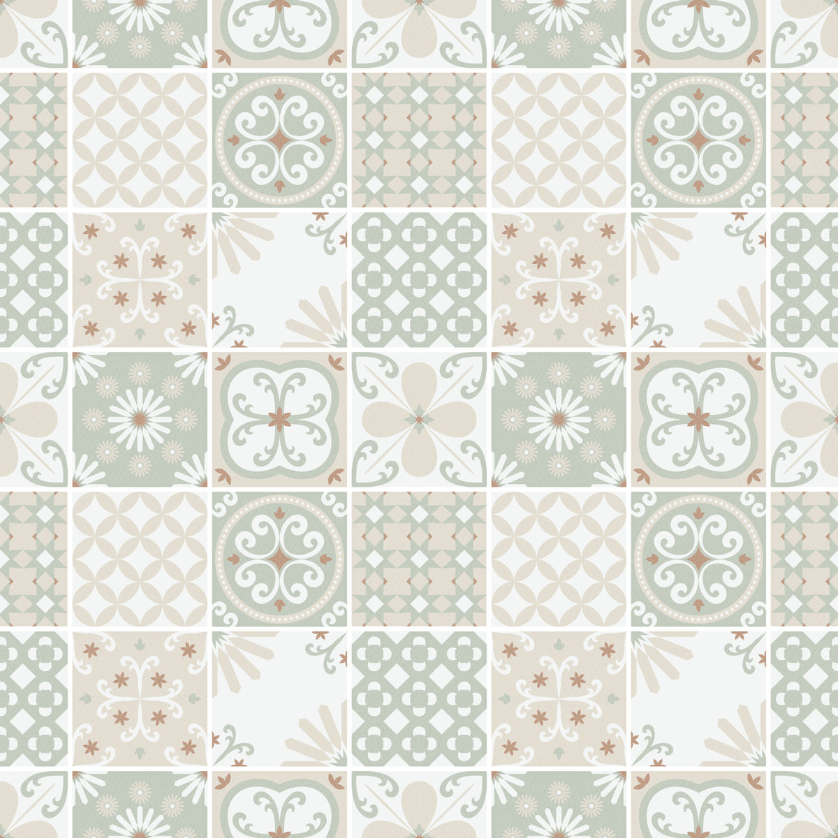 Vintage Folk Tiles – Sage Green Wallpaper⁠ in your room