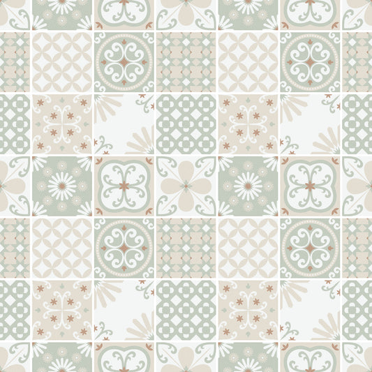 Vintage Folk Tiles – Sage Green Wallpaper⁠