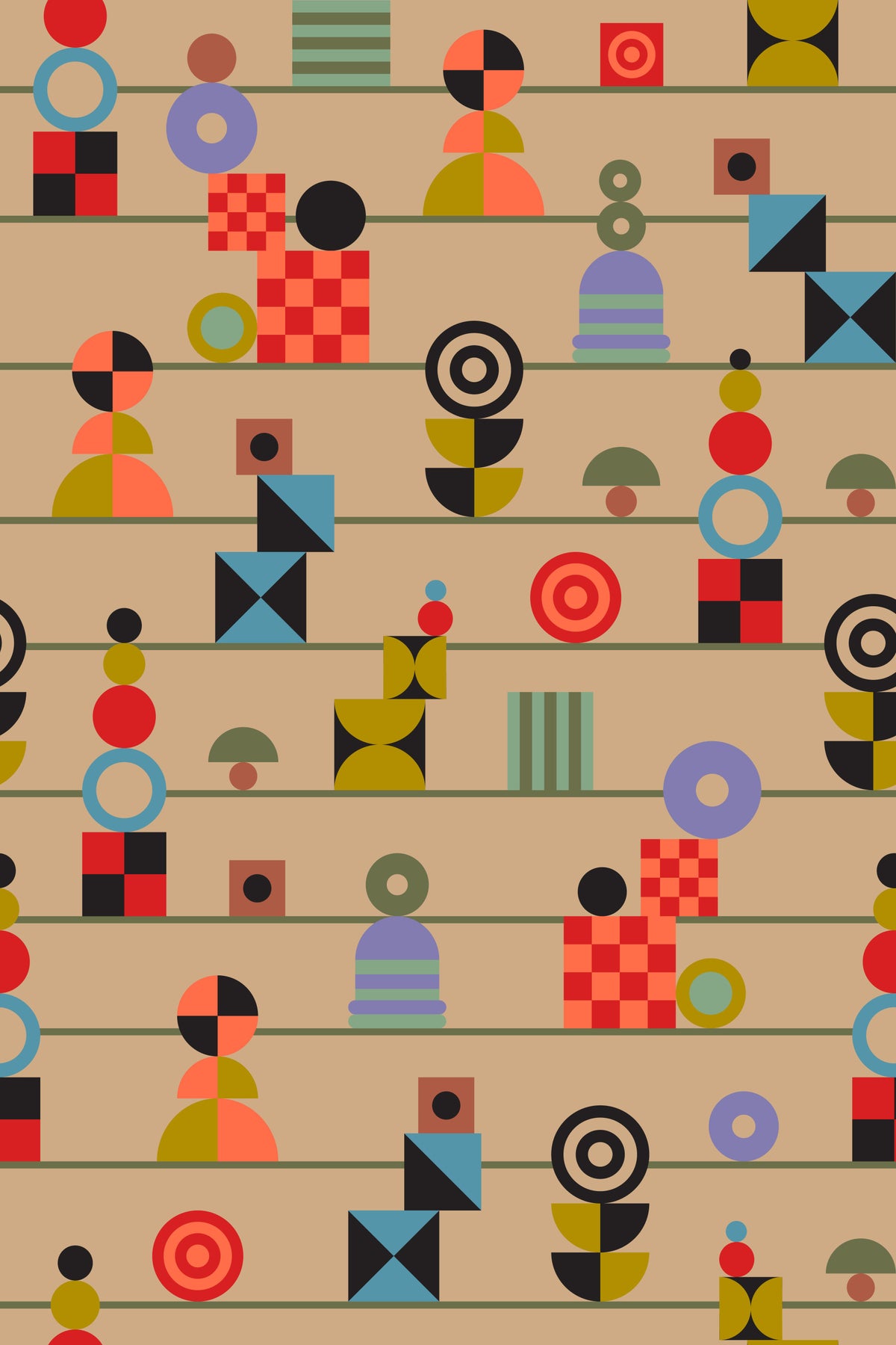 Stacking Retro Geometric Shapes Stripes Multicolored Cream Wallpaper⁠ in your room