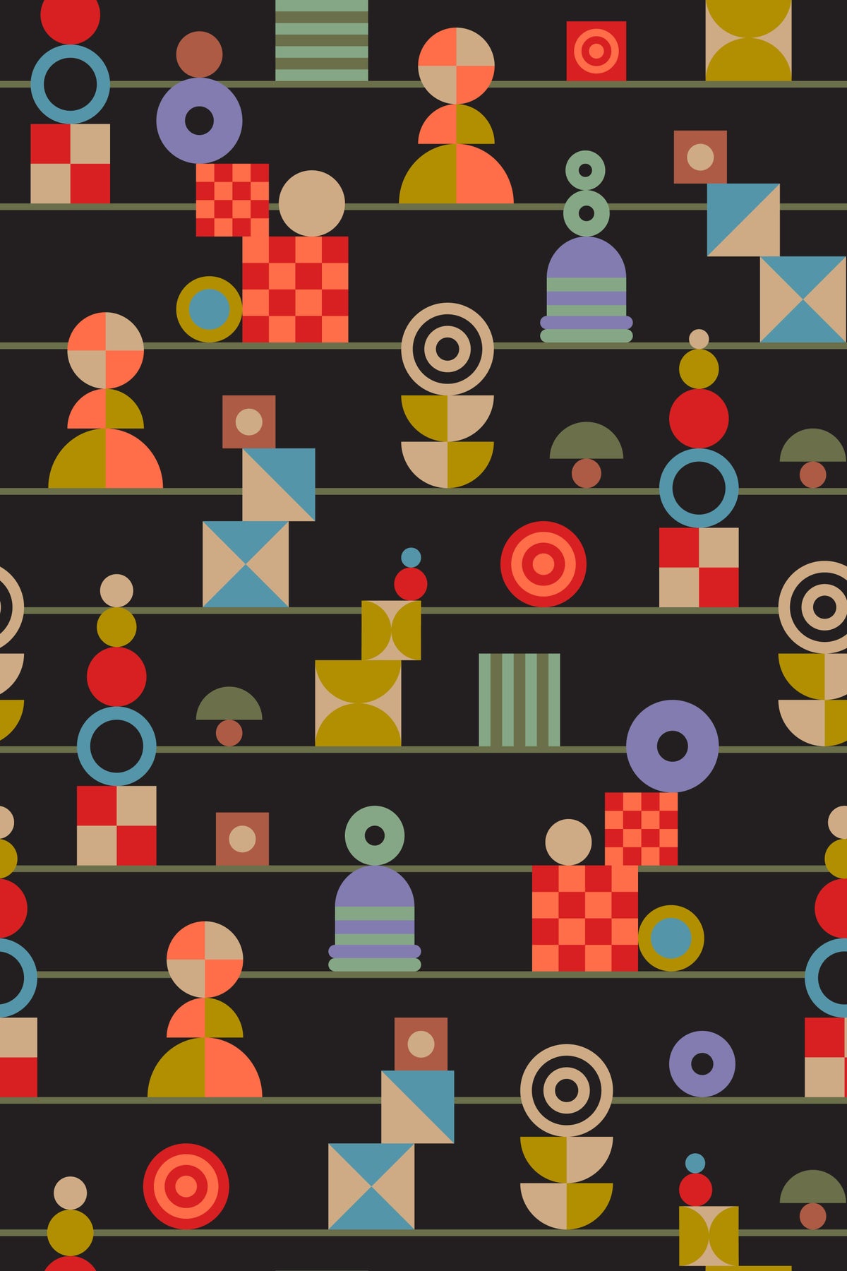 Stacking Retro Geometric Shapes Stripes Multicolored Charcoal Wallpaper⁠ in your room