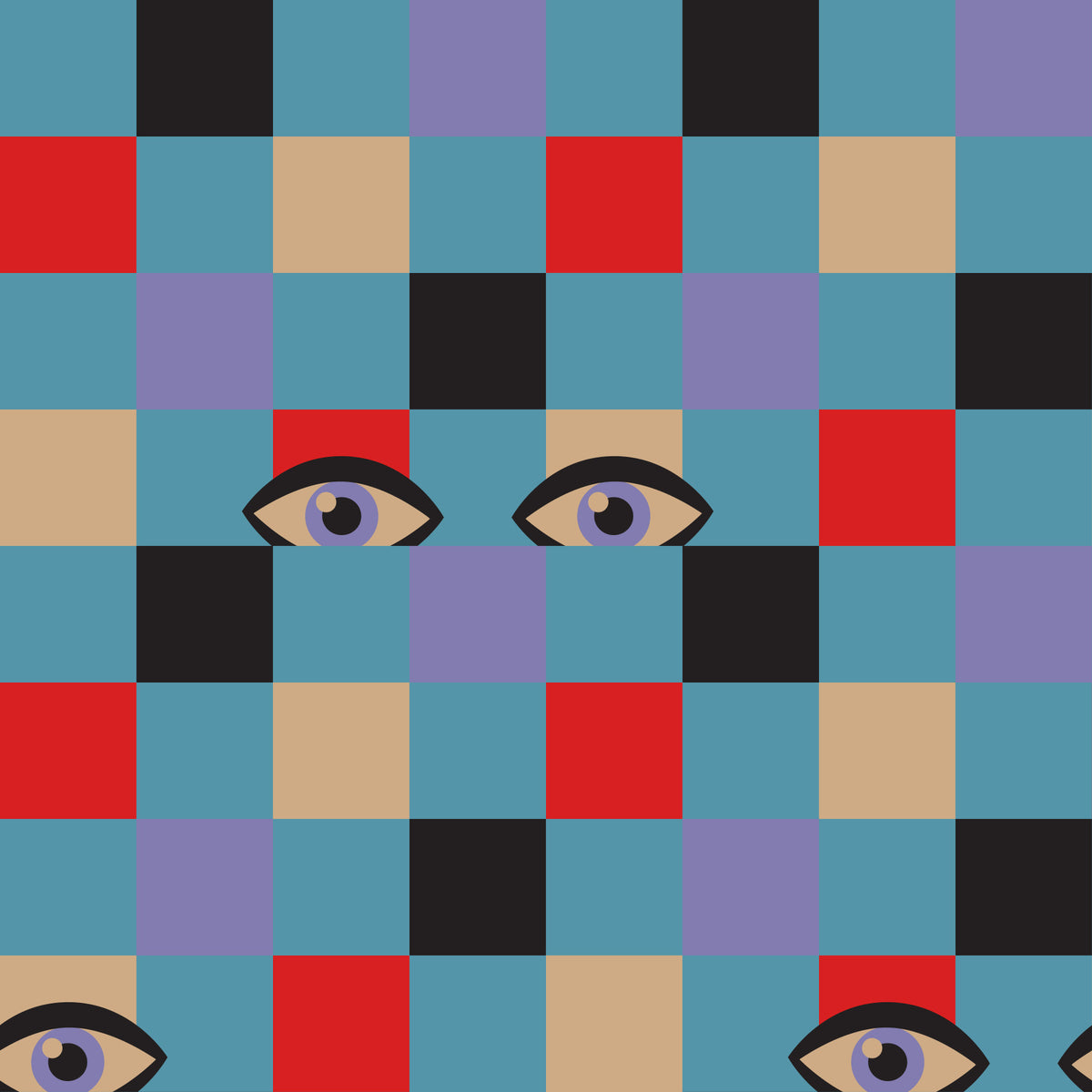 Peekaboo Retro Eyes Checkerboard Red Cream Purple Black Baby Blue Wallpaper⁠ in your room