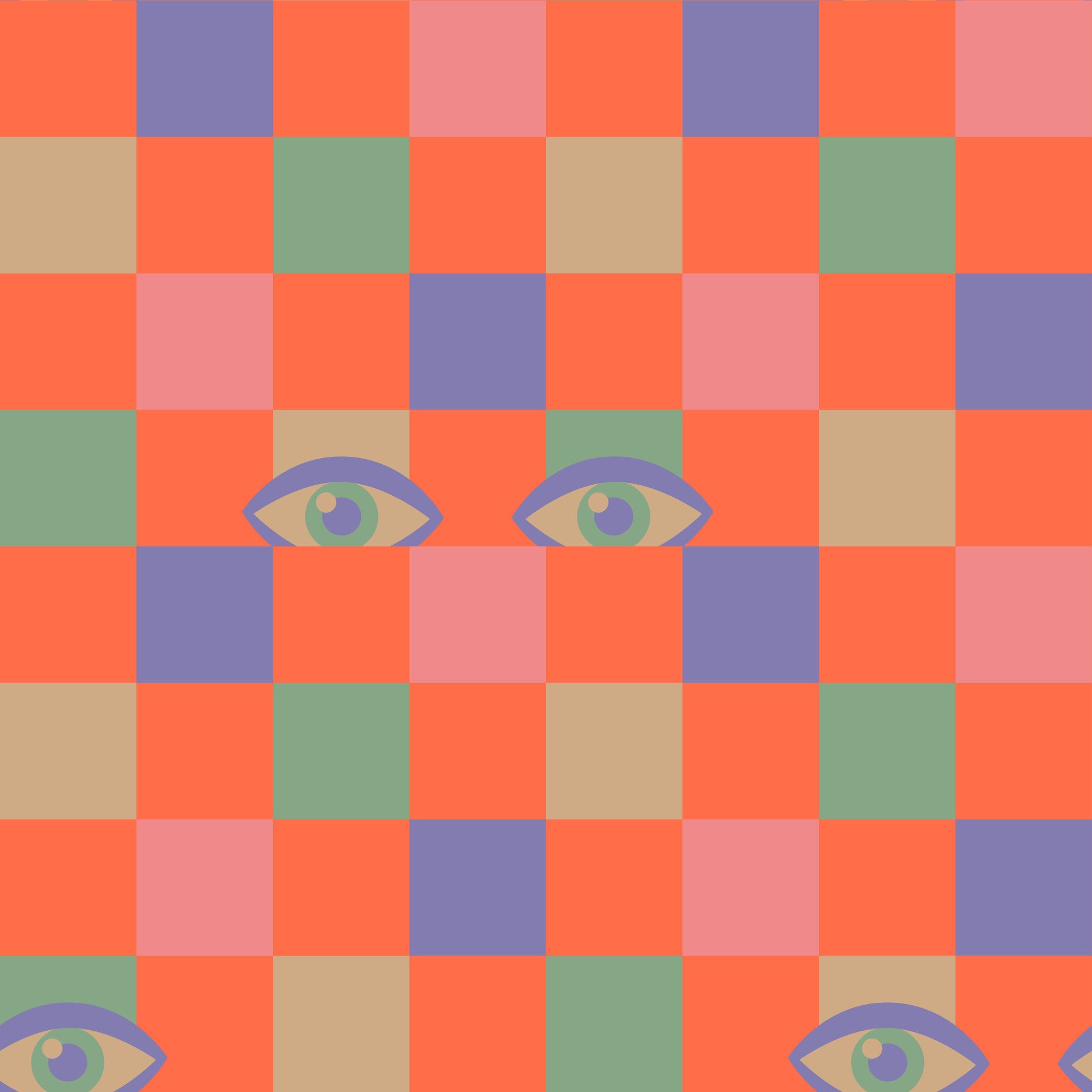 Peekaboo Retro Eyes Checkerboard Pink Cream Purple Mint Coral Orange Wallpaper⁠