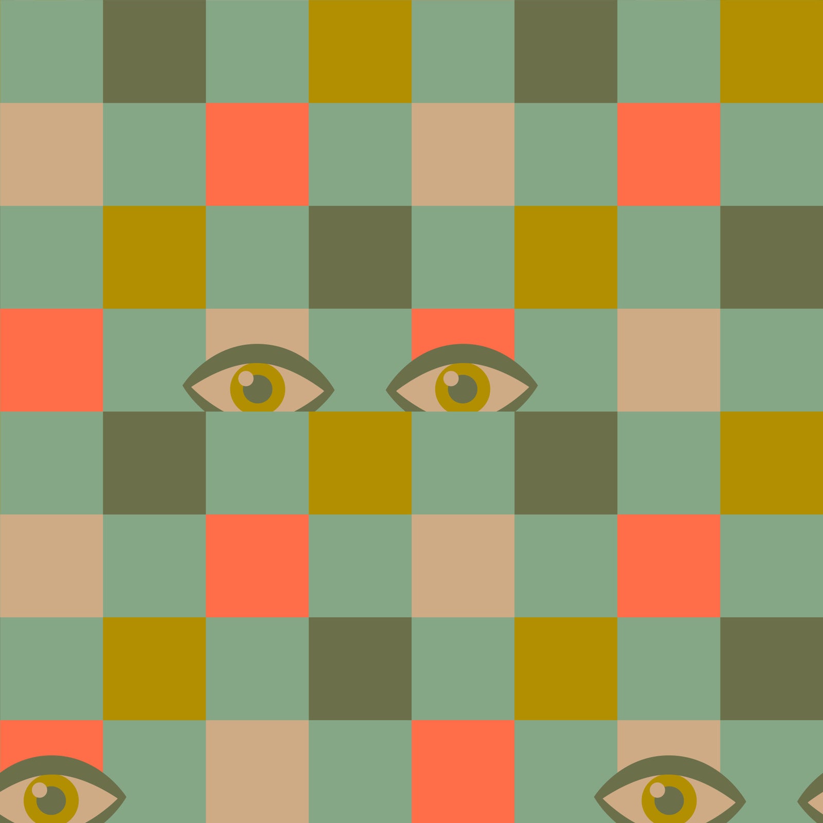 Peekaboo Retro Eyes Checkerboard Mustard Cream Olive Coral Mint Green Wallpaper⁠ in your room