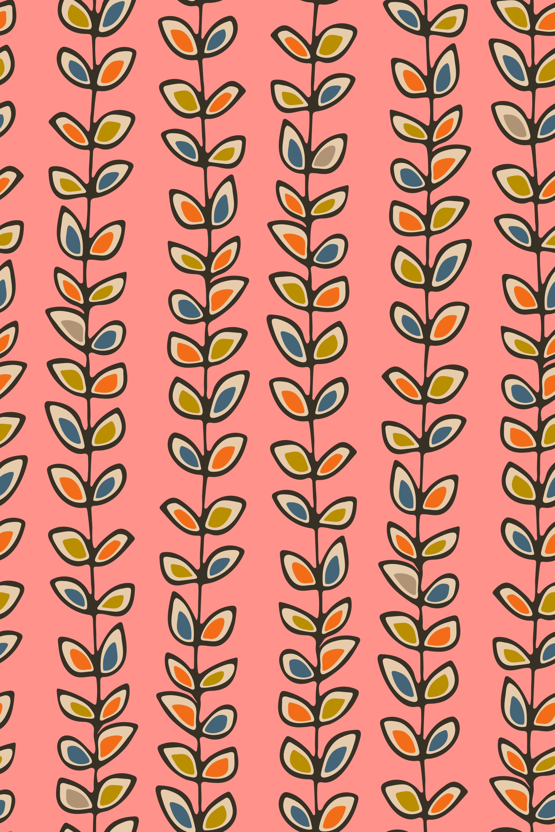Climbing Vines Stripe Retro Leaves Pink Wallpaper⁠