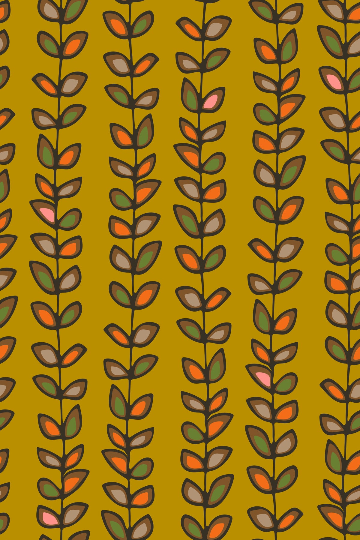 Climbing Vines Stripe Retro Leaves Mustard Yellow Wallpaper⁠ in your room — zoomed