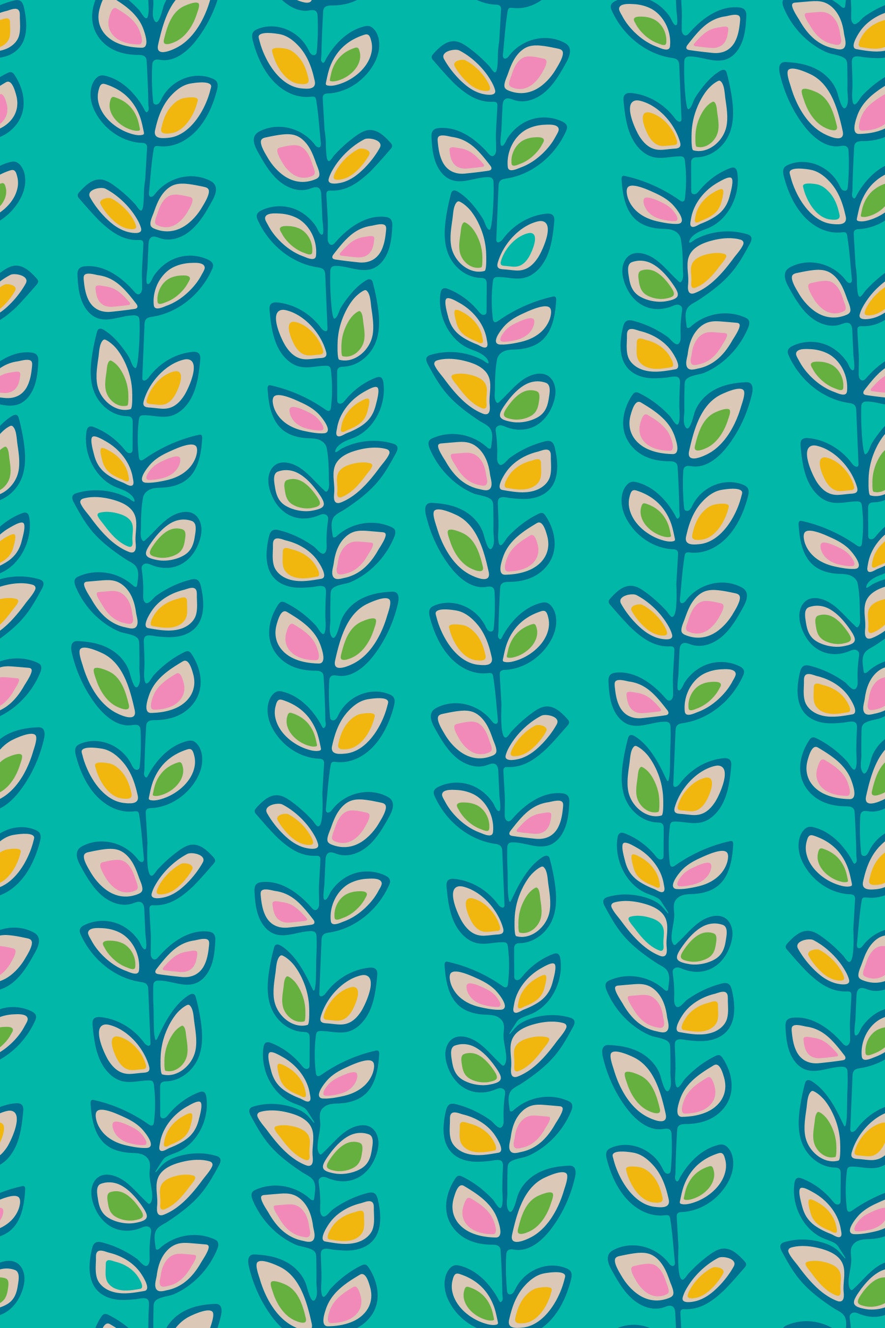 Climbing Vines Stripe Retro Leaves Turquoise Wallpaper⁠
