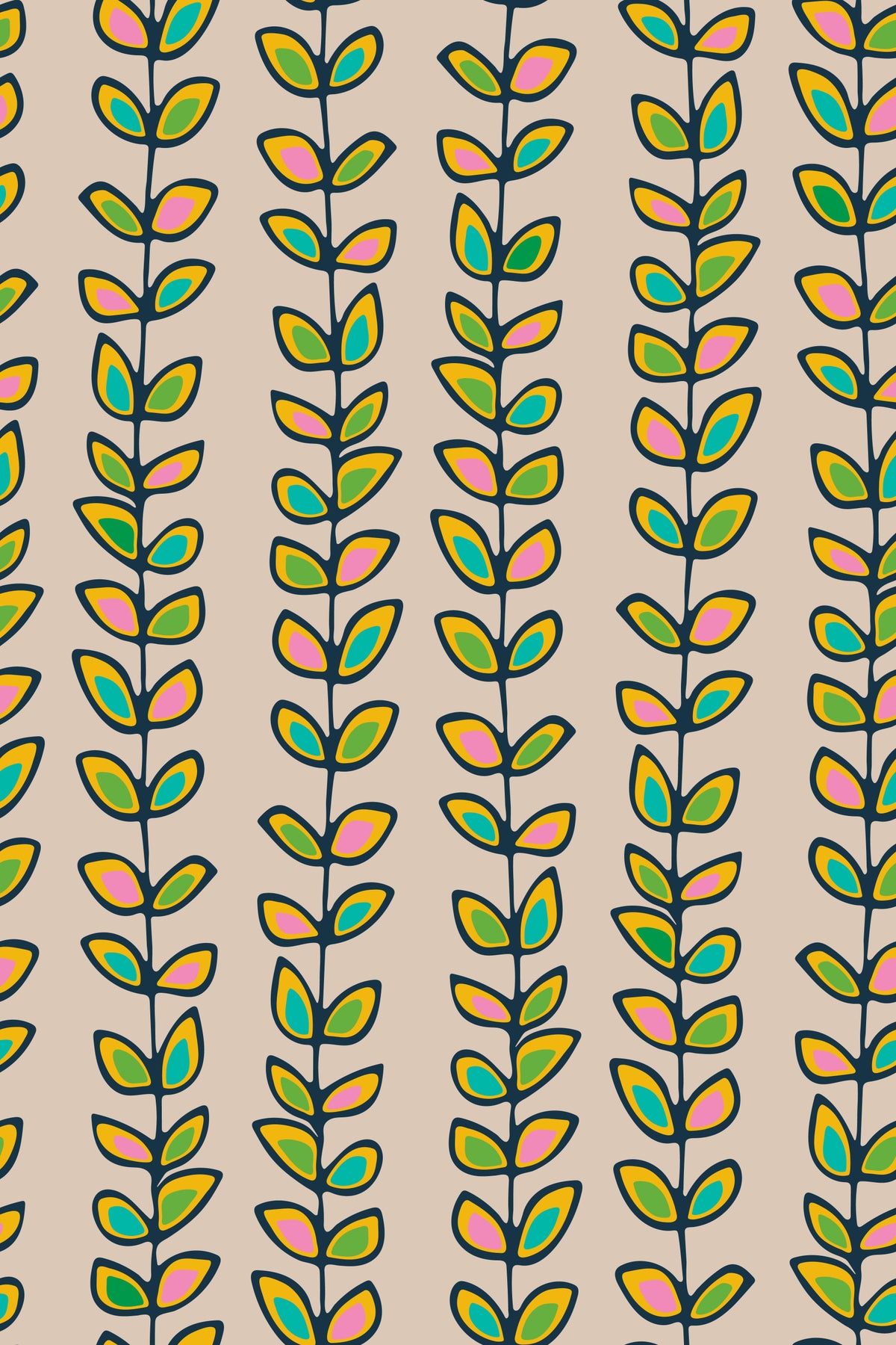 Climbing Vines Stripe Retro Leaves Off-White Wallpaper⁠ in your room — zoomed