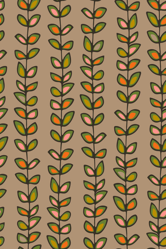 Climbing Vines Stripe Retro Leaves Warm Beige Wallpaper⁠
