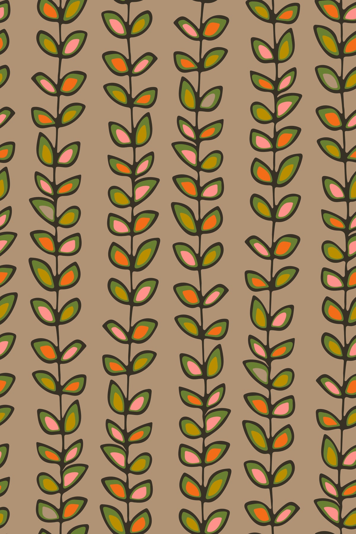 Climbing Vines Stripe Retro Leaves Warm Beige Wallpaper⁠ in your room — zoomed