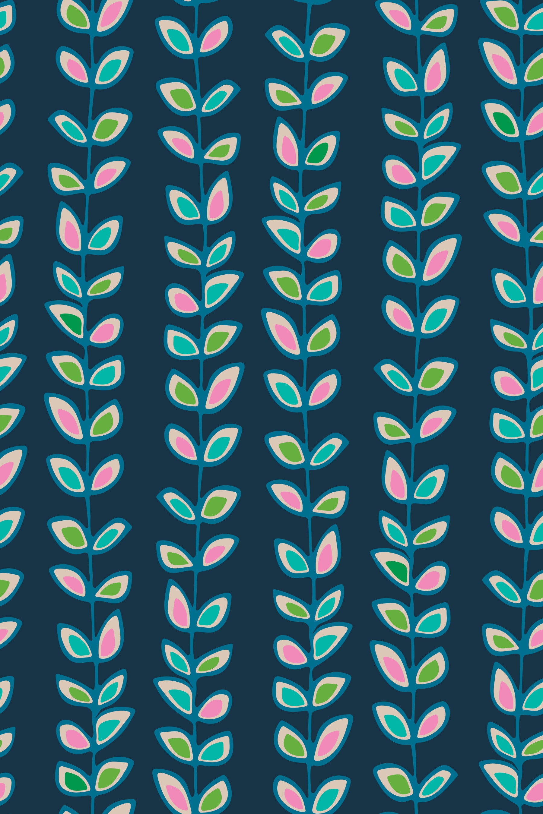 Climbing Vines Stripe Retro Leaves Navy Blue Wallpaper⁠ in your room — zoomed