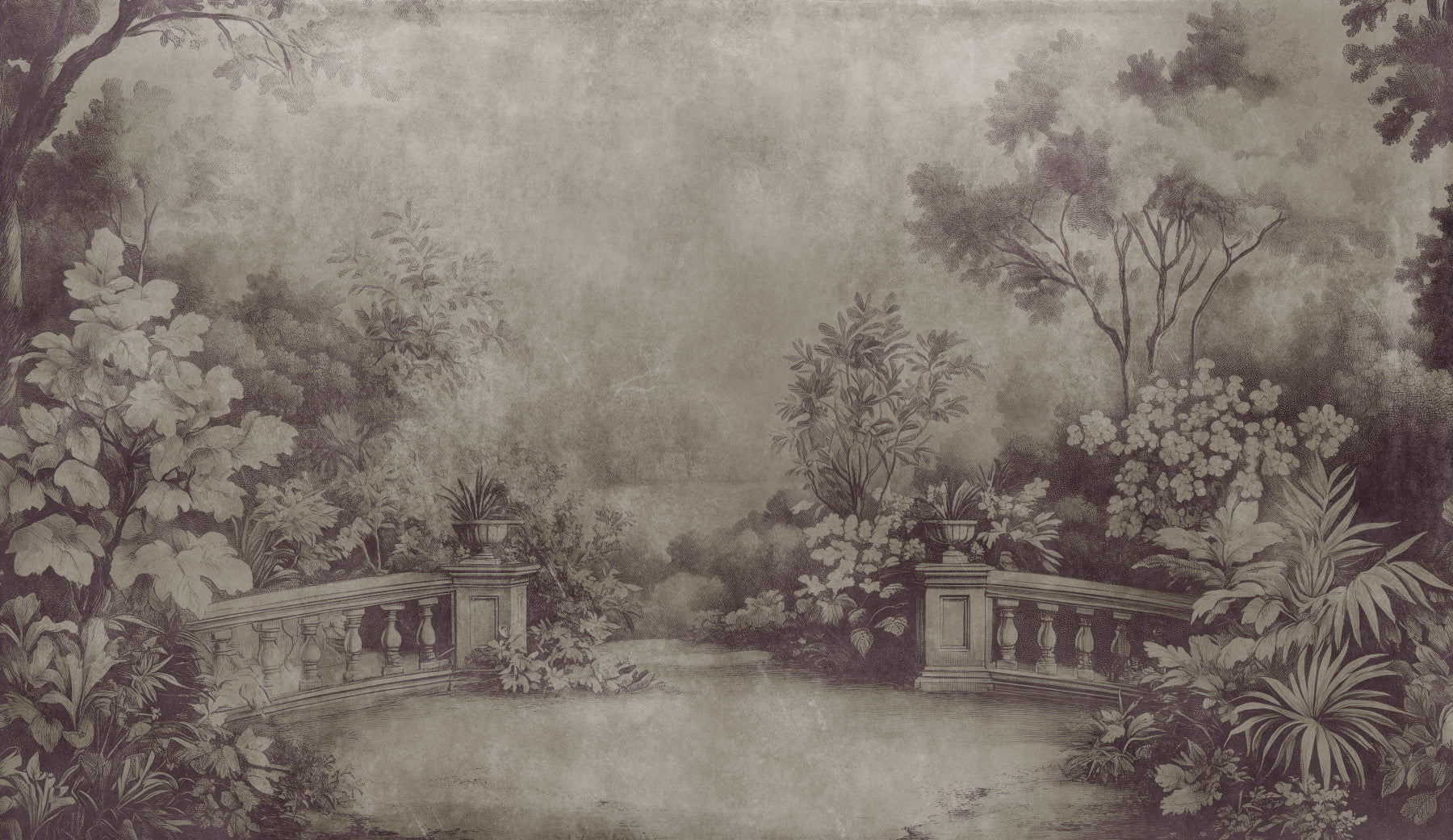 Vintage Aubergine wallpaper showing a secluded English Garden fresco vista.