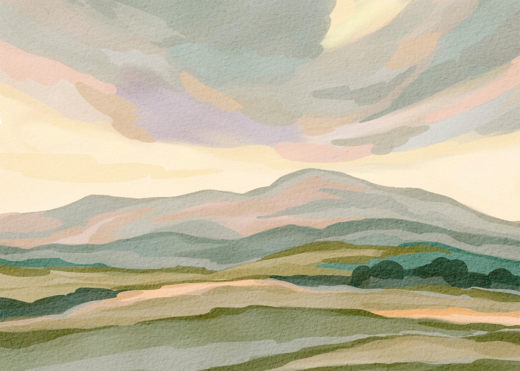 Gentle rolling terrain Painted Mountainscape peaceful scenery decor.