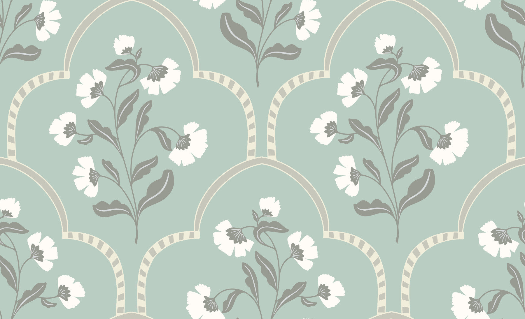 Arched Floral Elegance wallpaper, sage green curved geometric design.