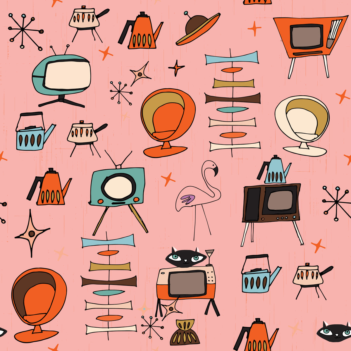 Atomic Retro Living Kitsch Pink Wallpaper⁠ in your room
