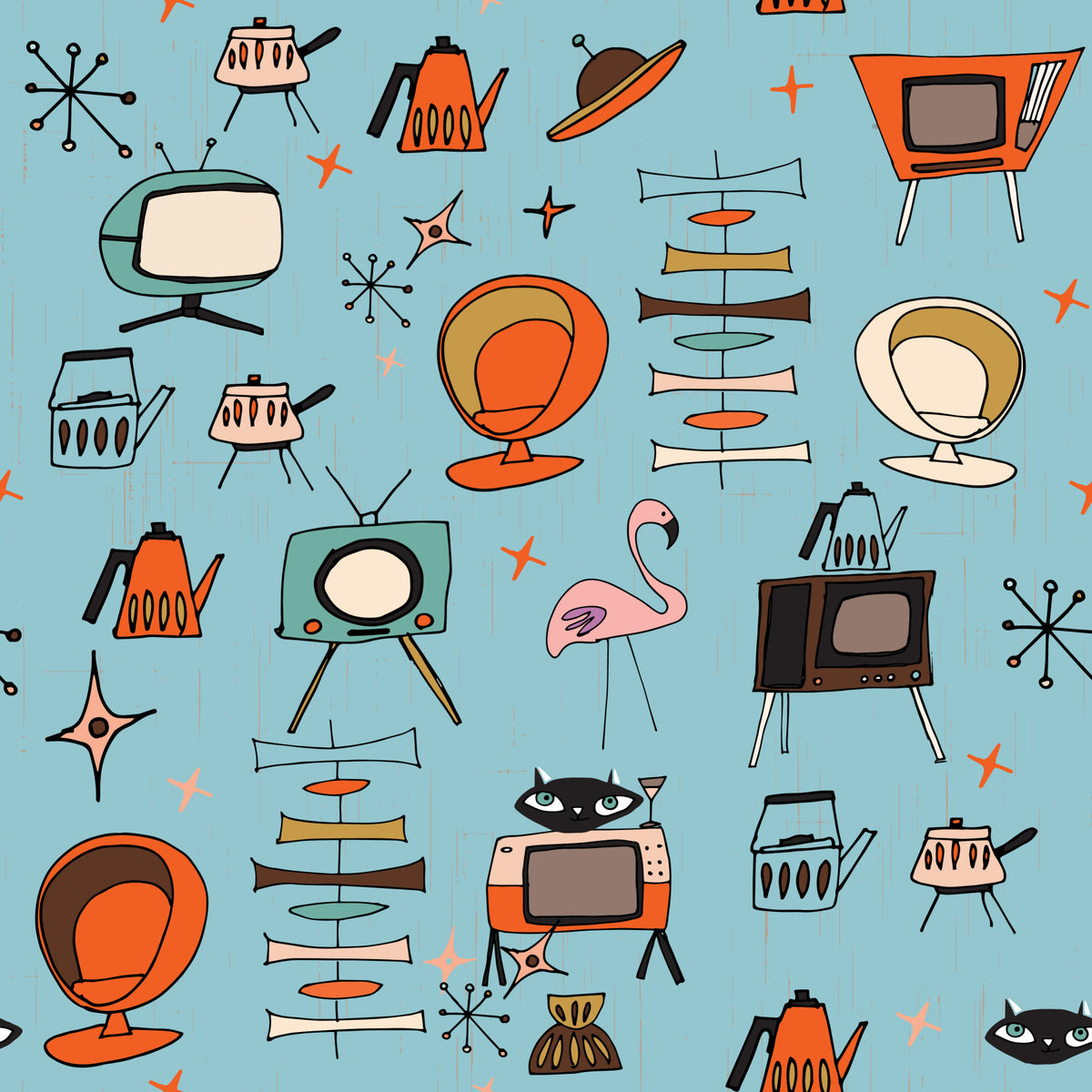 Atomic Retro Living Kitsch Blue Wallpaper⁠ in your room — zoomed