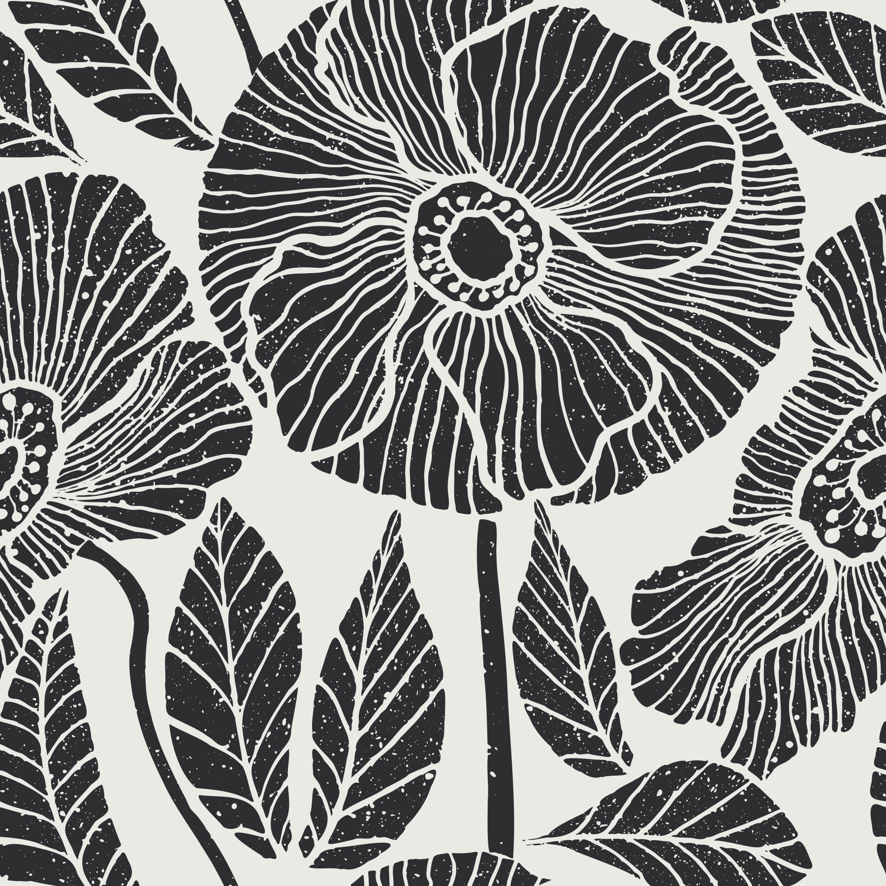 Poppy Floral Modern Block print wallpaper, textured black and white botanical design.