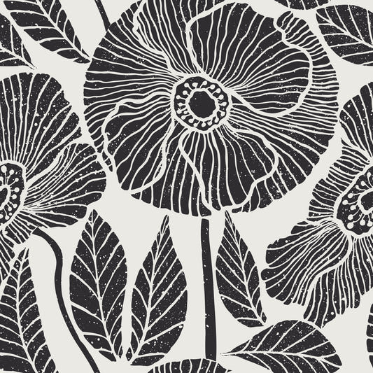Poppy Floral Modern Black White Block Wallpaper⁠