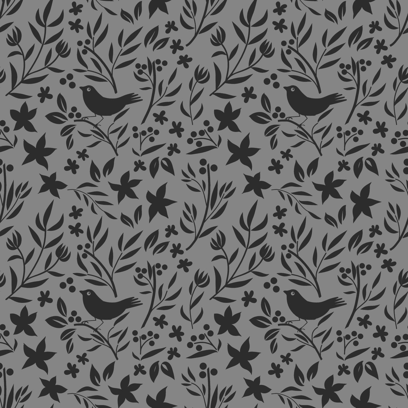 Gray Scandinavian Folk Bird Botanical Theme Wallpaper⁠