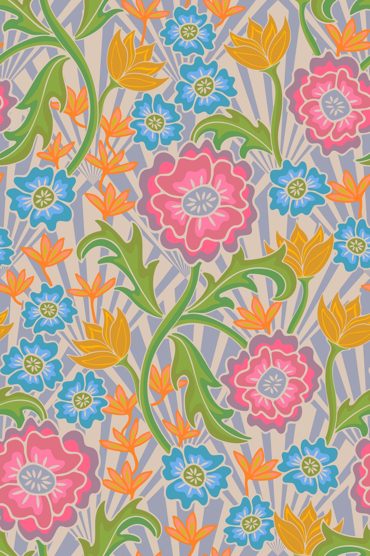 Maybelle Art Nouveau Floral Deco Geometric Retro Pink Orange Blue Green Wallpaper⁠ in your room