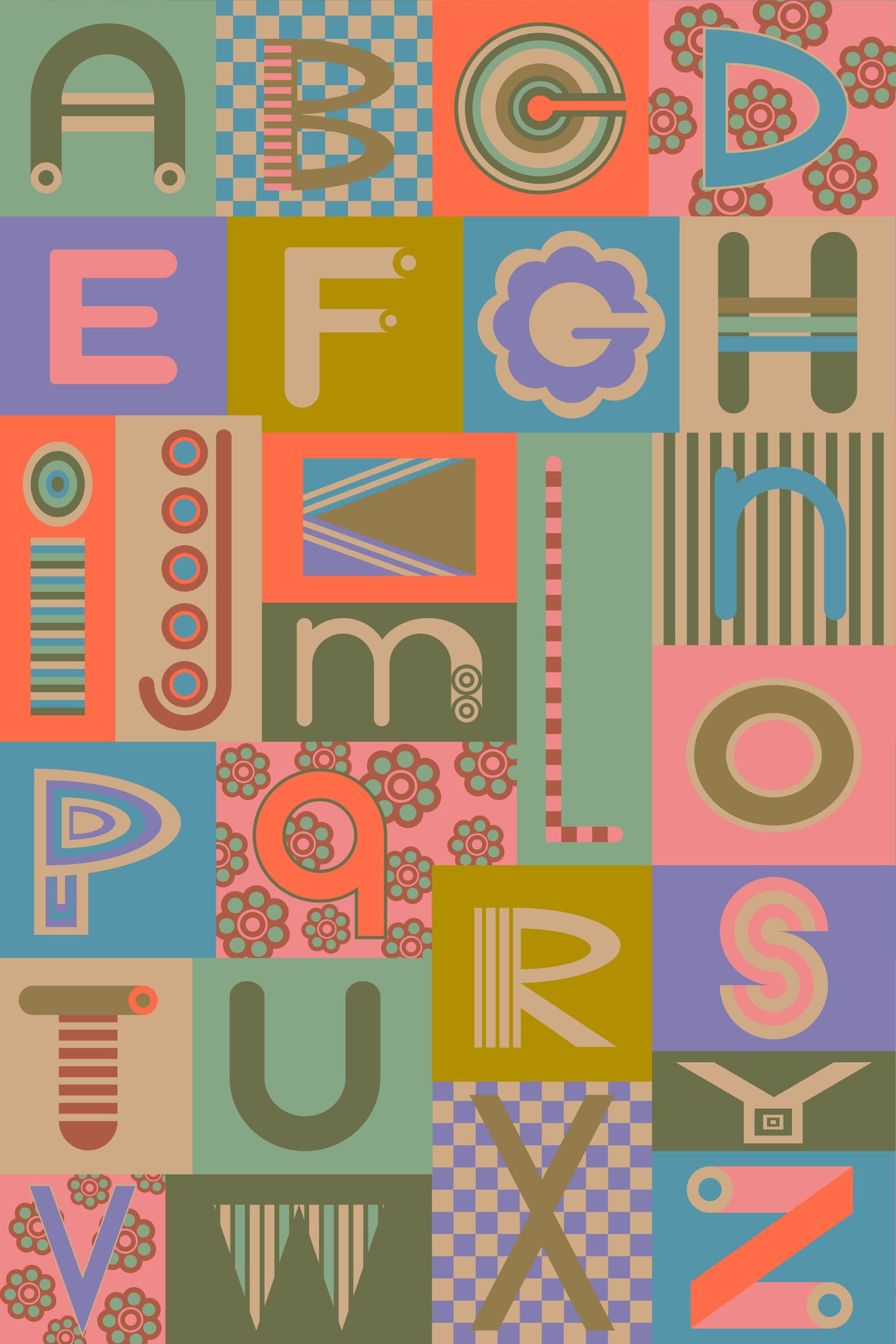 Geometric ABCs Retro Alphabet Graphic Lettering Vintage 1950s Colors Wallpaper⁠