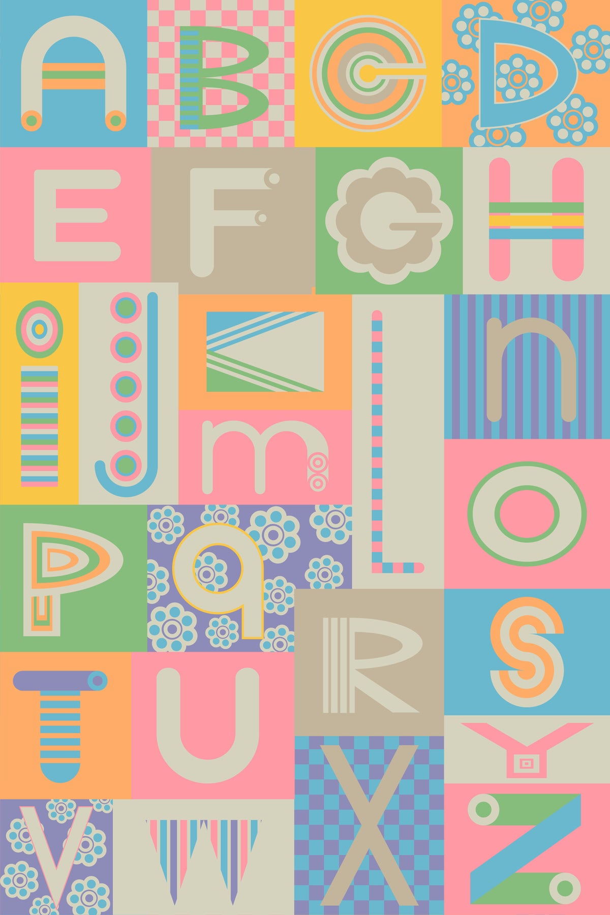 Geometric ABCs Retro Alphabet Graphic Lettering Nursery Pastels Colors Wallpaper⁠ in your room — zoomed