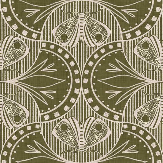 Art Nouveau Butterfly Floral in Olive Drab Wallpaper⁠