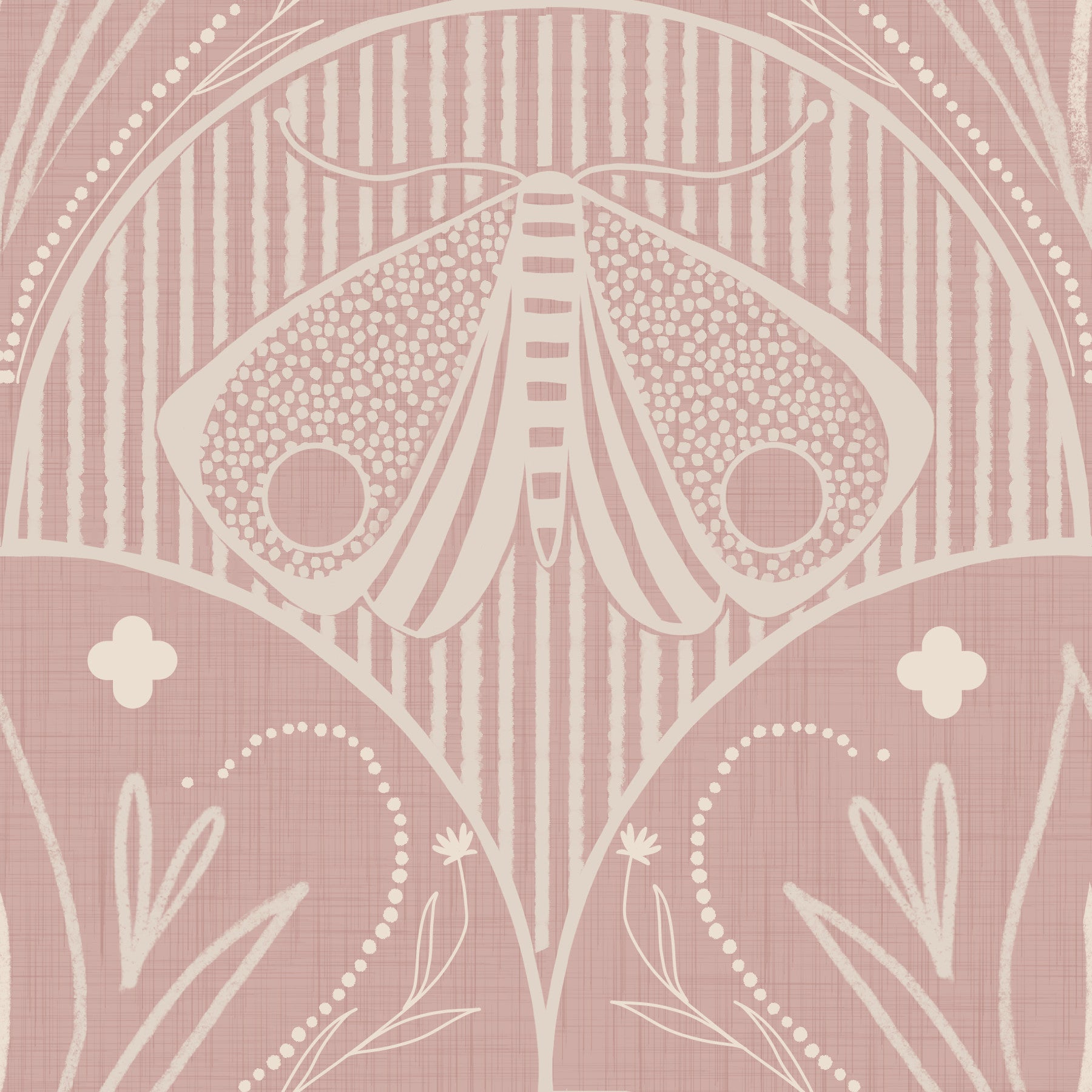 Boho Art Nouveau Scallop Butterfly Floral in Cream and Dust Pink wallpaper mural behind a beige sectional sofa
