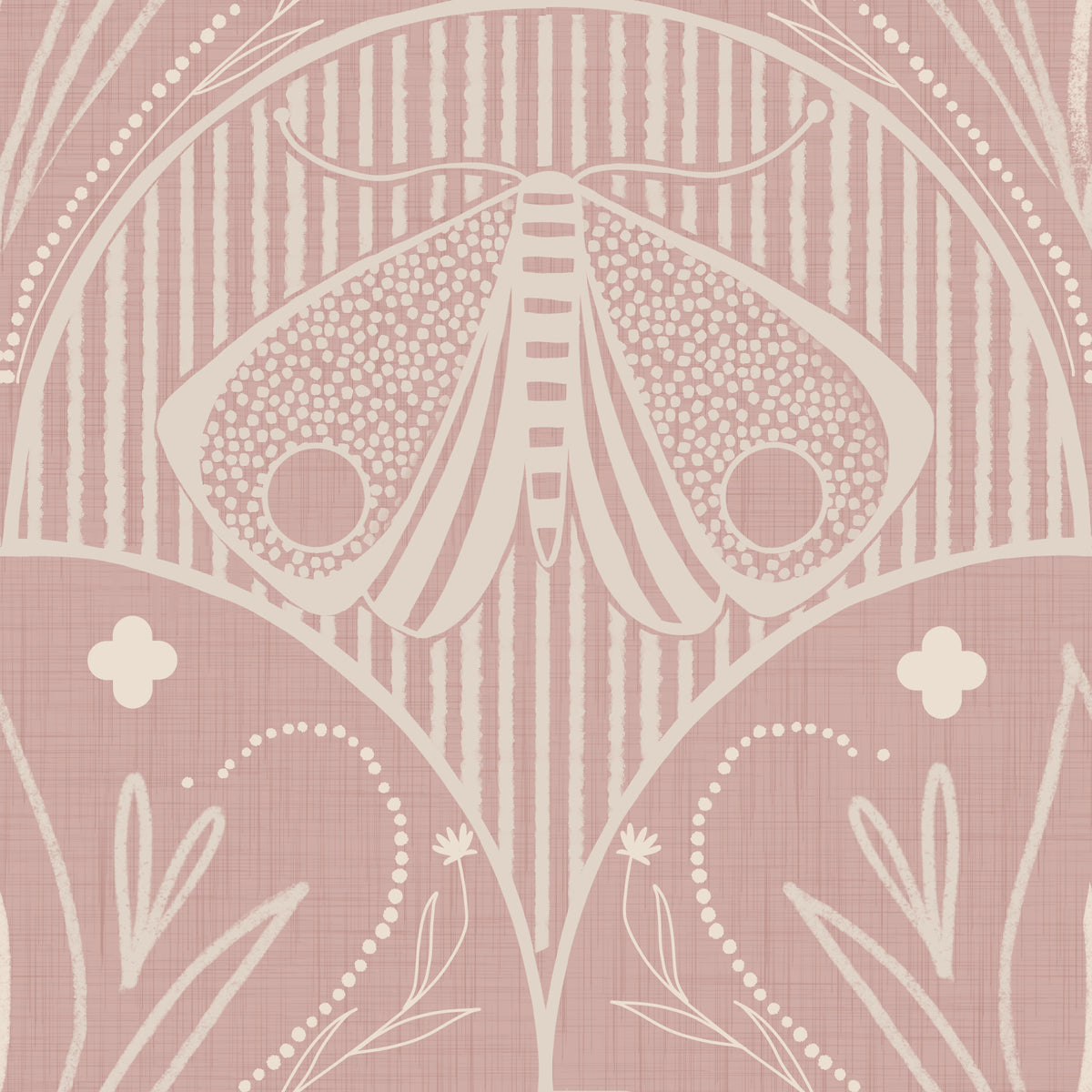 Boho Art Nouveau Scallop Butterfly Floral in Cream and Dust Pink Wallpaper⁠ in your room — zoomed