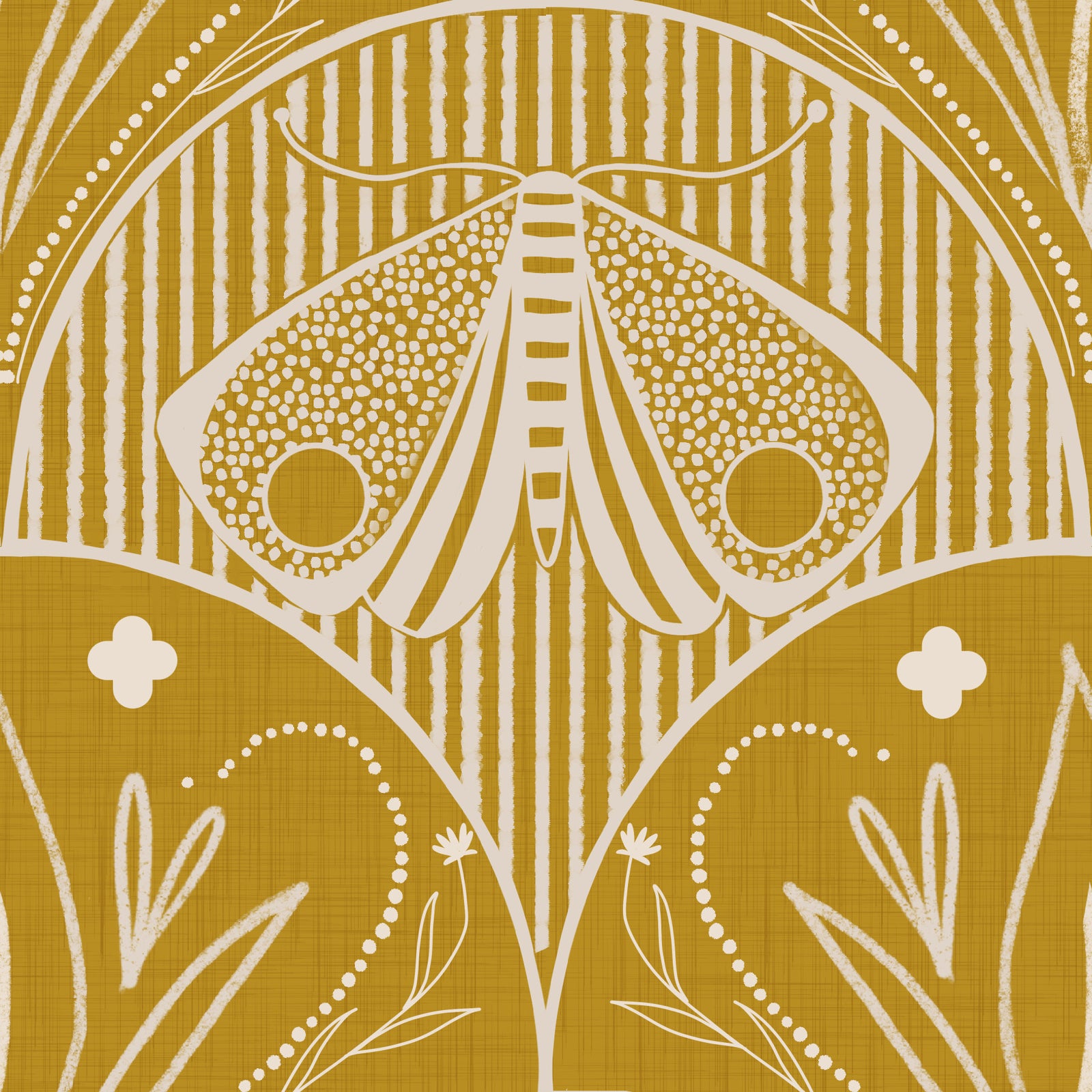 Boho Art Nouveau Scallop Butterfly Floral in Mustard Gold Wallpaper⁠ in your room