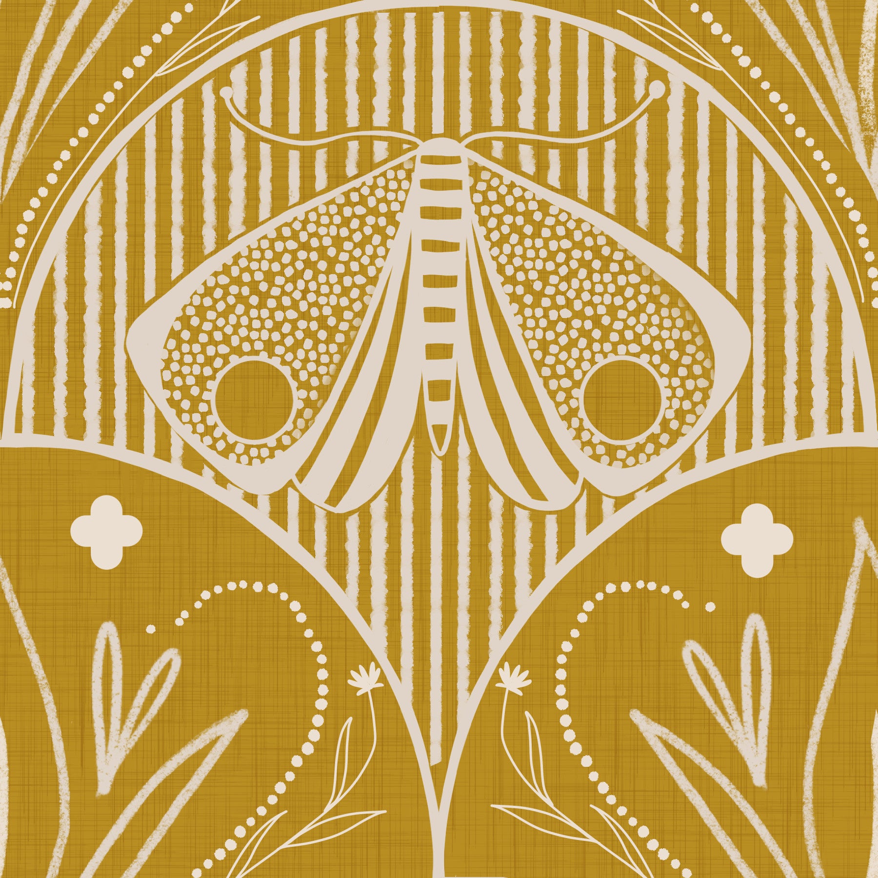Boho Art Nouveau Scallop Butterfly Floral in Mustard Gold Wallpaper⁠ in your room — zoomed