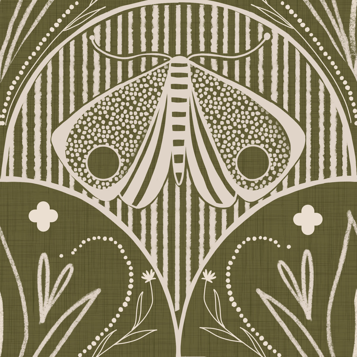 Boho Art Nouveau Scallop Butterfly Floral in Olive Drab Wallpaper⁠ in your room