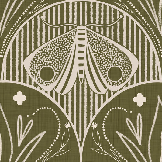 Boho Art Nouveau Scallop Butterfly Floral in Olive Drab Wallpaper⁠