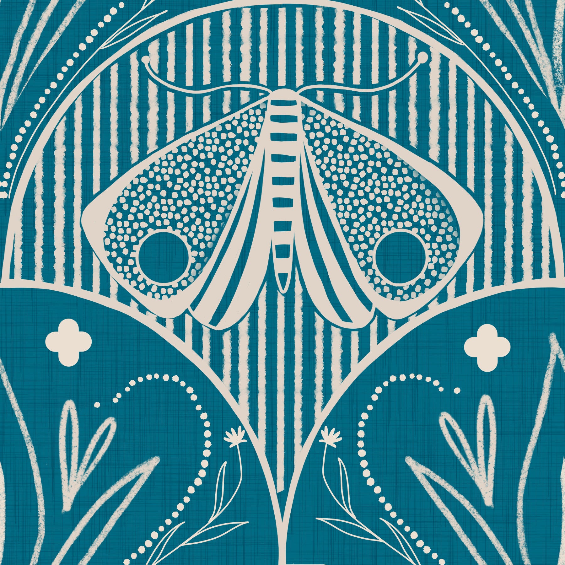 Boho Art Nouveau Scallop Butterfly Floral in Teal Blue Wallpaper⁠ in your room — zoomed