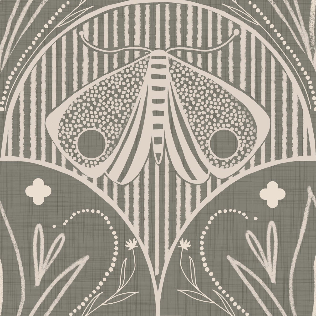 Boho Art Nouveau Scallop Butterfly Floral in Warm Taupe Grey Wallpaper⁠