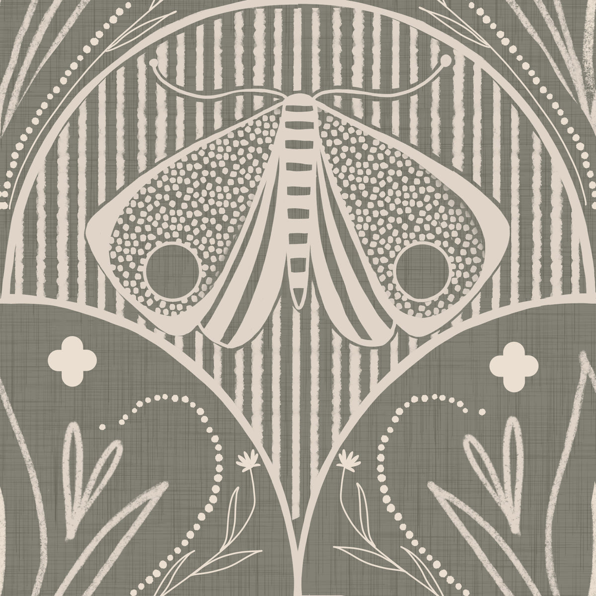 Boho Art Nouveau Scallop Butterfly Floral in Warm Taupe Grey Wallpaper⁠ in your room