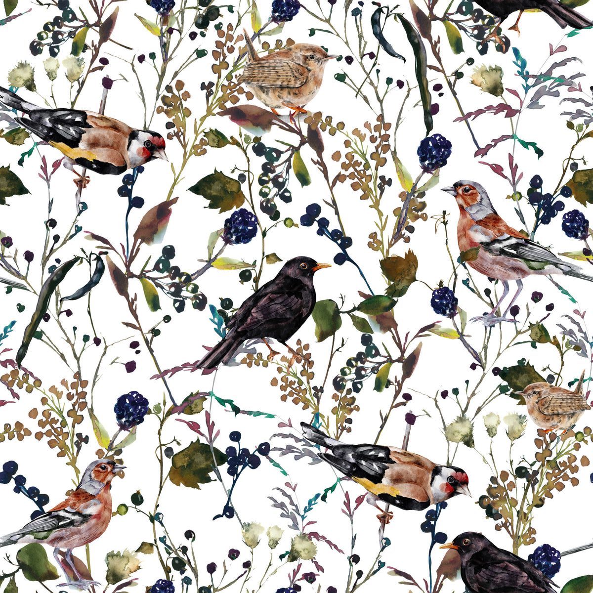 Birds & Berries Wintry Watercolor Wallpaper⁠ in your room