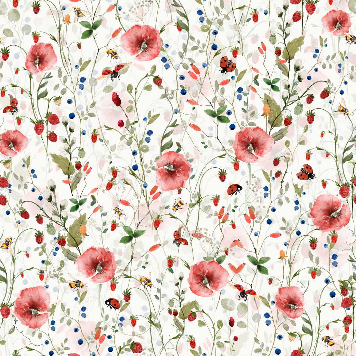 Watercolor Strawberry Flower Meadow Wallpaper⁠ in your room — zoomed