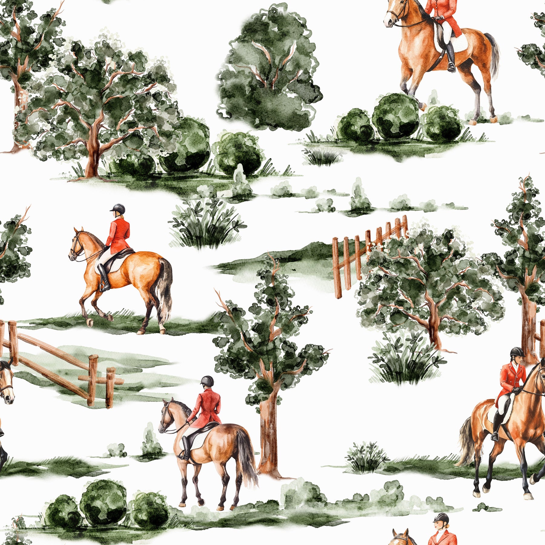 Equestrian Dreamscape wallpaper for walls, riders, trees watercolor mural art.