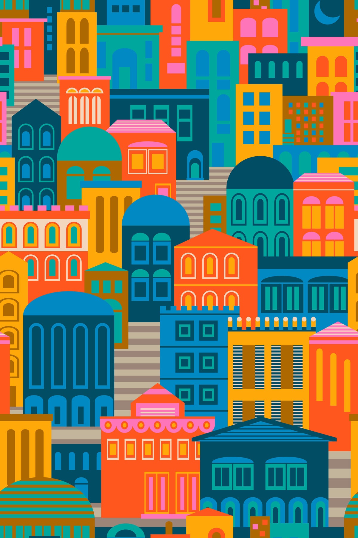 City Lights At Night Vintage Travel Bright Geometric Buildings Moon Rainbow Brights Wallpaper⁠ in your room