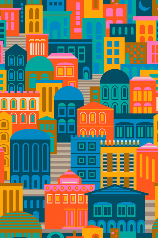 City Lights At Night Vintage Travel Bright Geometric Buildings Moon Rainbow Brights Wallpaper⁠