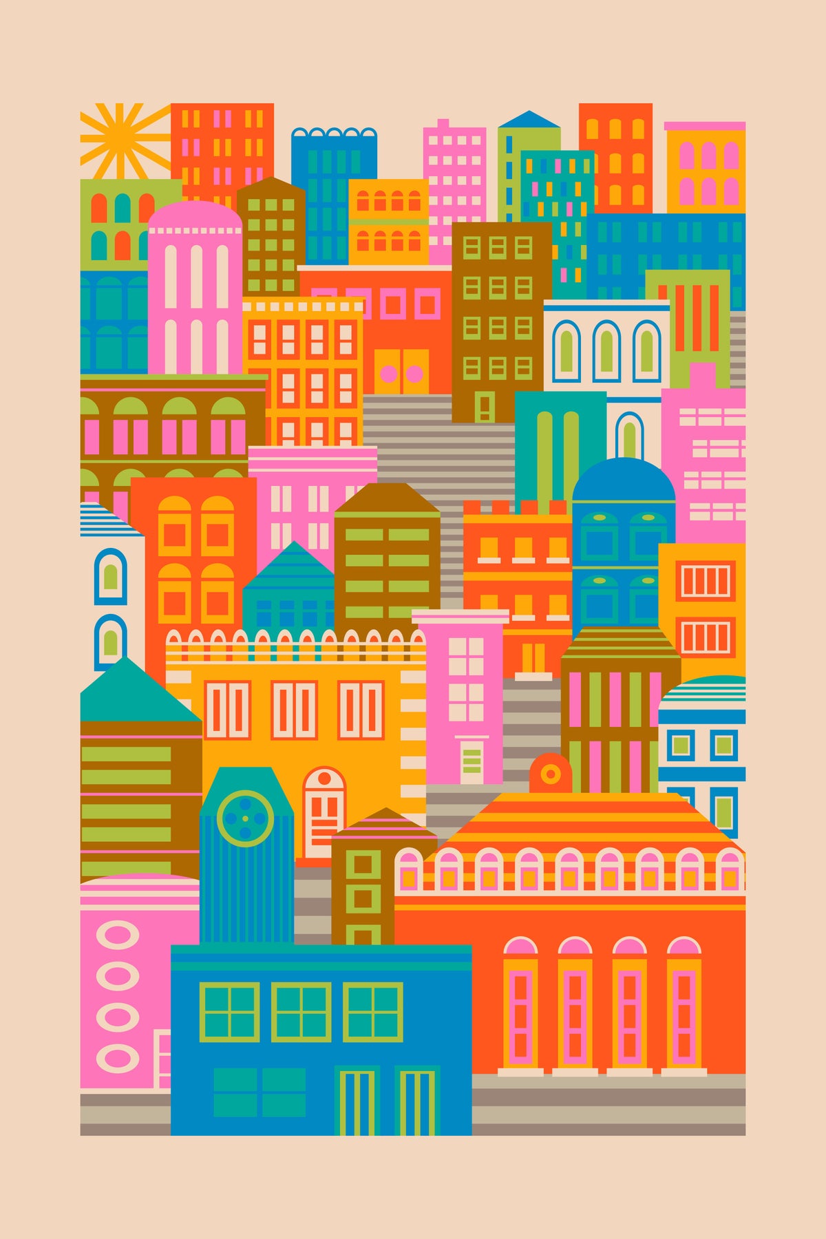 City Lights By Day Vintage Travel Bright Geometric Buildings Sunshine Rainbow Brights Wall Mural in your room