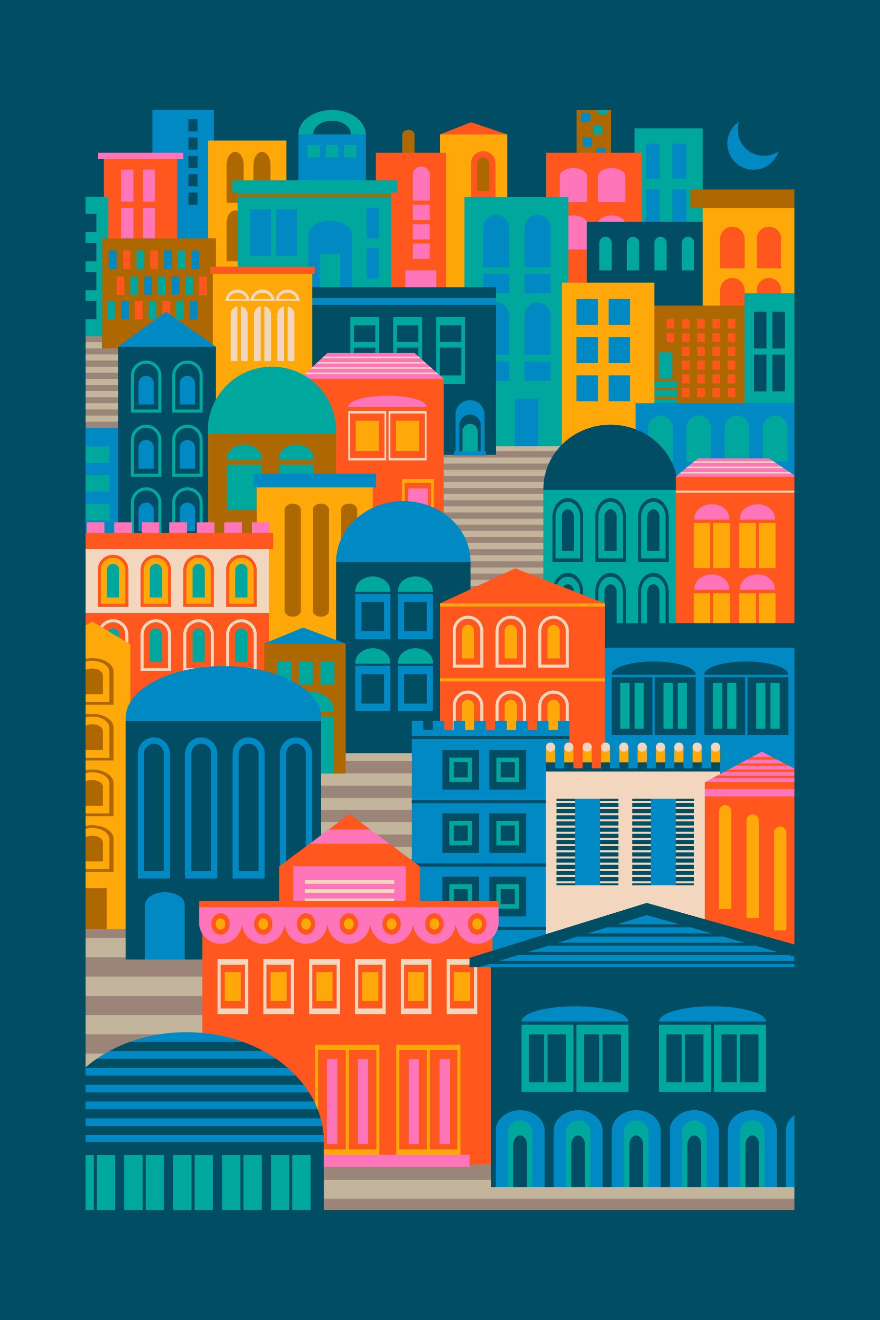 City Lights At Night Vintage Travel Bright Geometric Buildings Moon Rainbow Brights Wall Mural in your room — zoomed