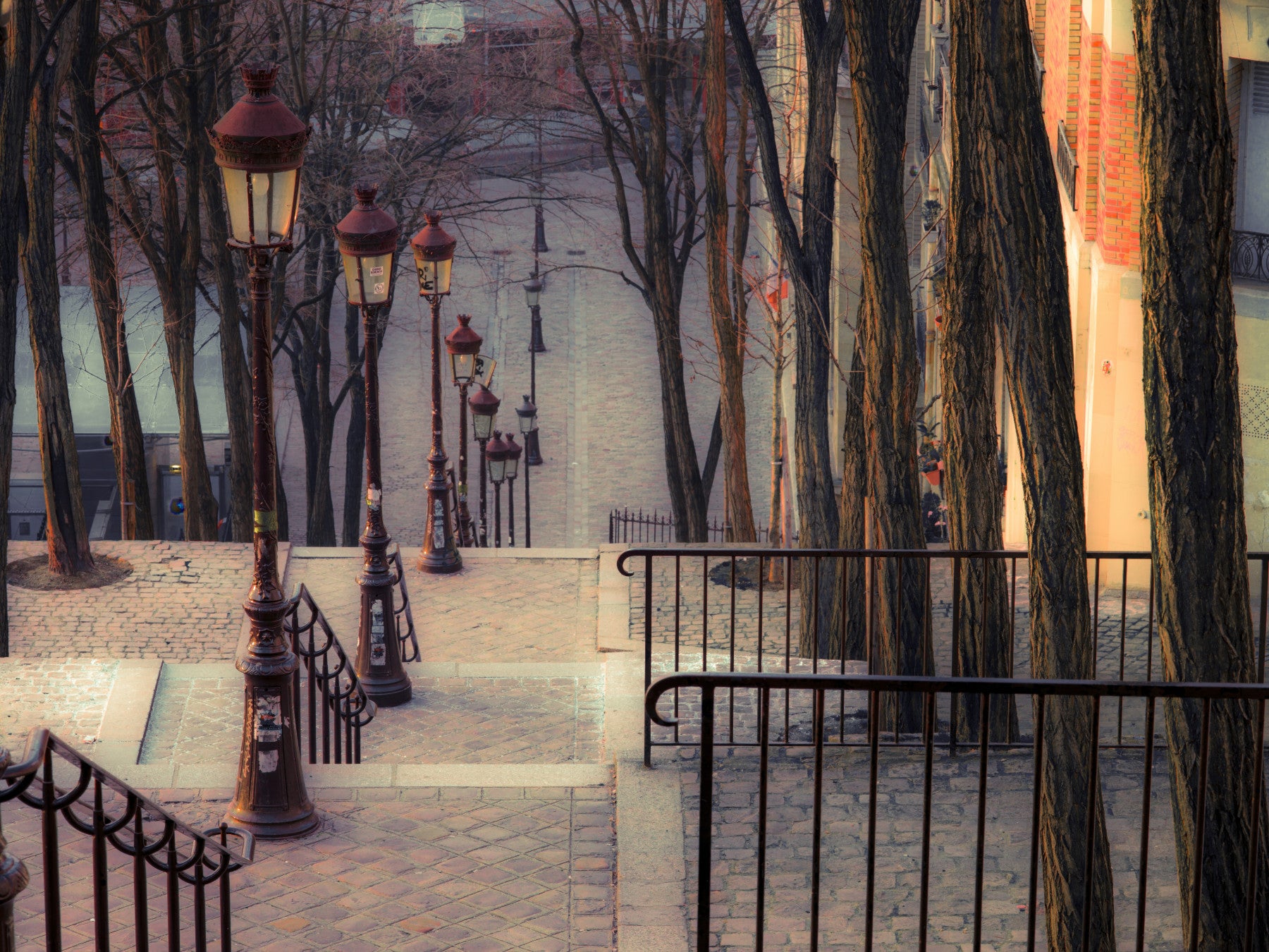 Montmartre staircase wall mural in modern living room, muted color Paris street art wall decor