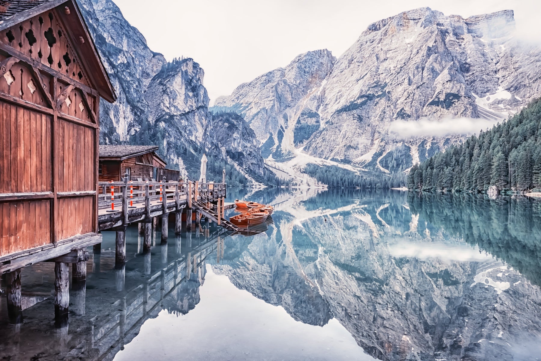 Lago di Braies Reflection lake dock scene wall mural