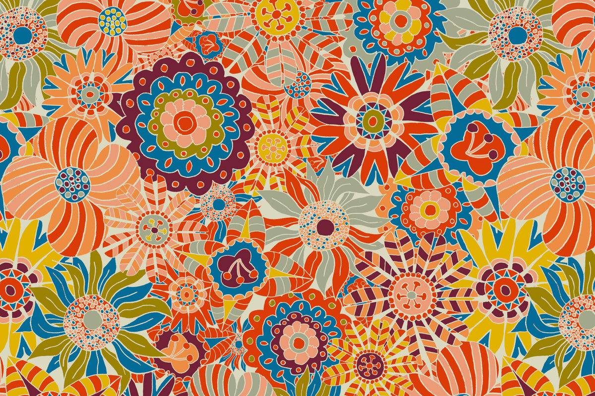 Colorful Groovy Blooms Wall Mural in your room — zoomed
