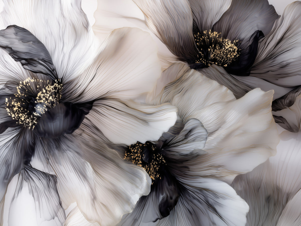 Monochrome Petal Ink Flow Harmony Wall Mural in your room