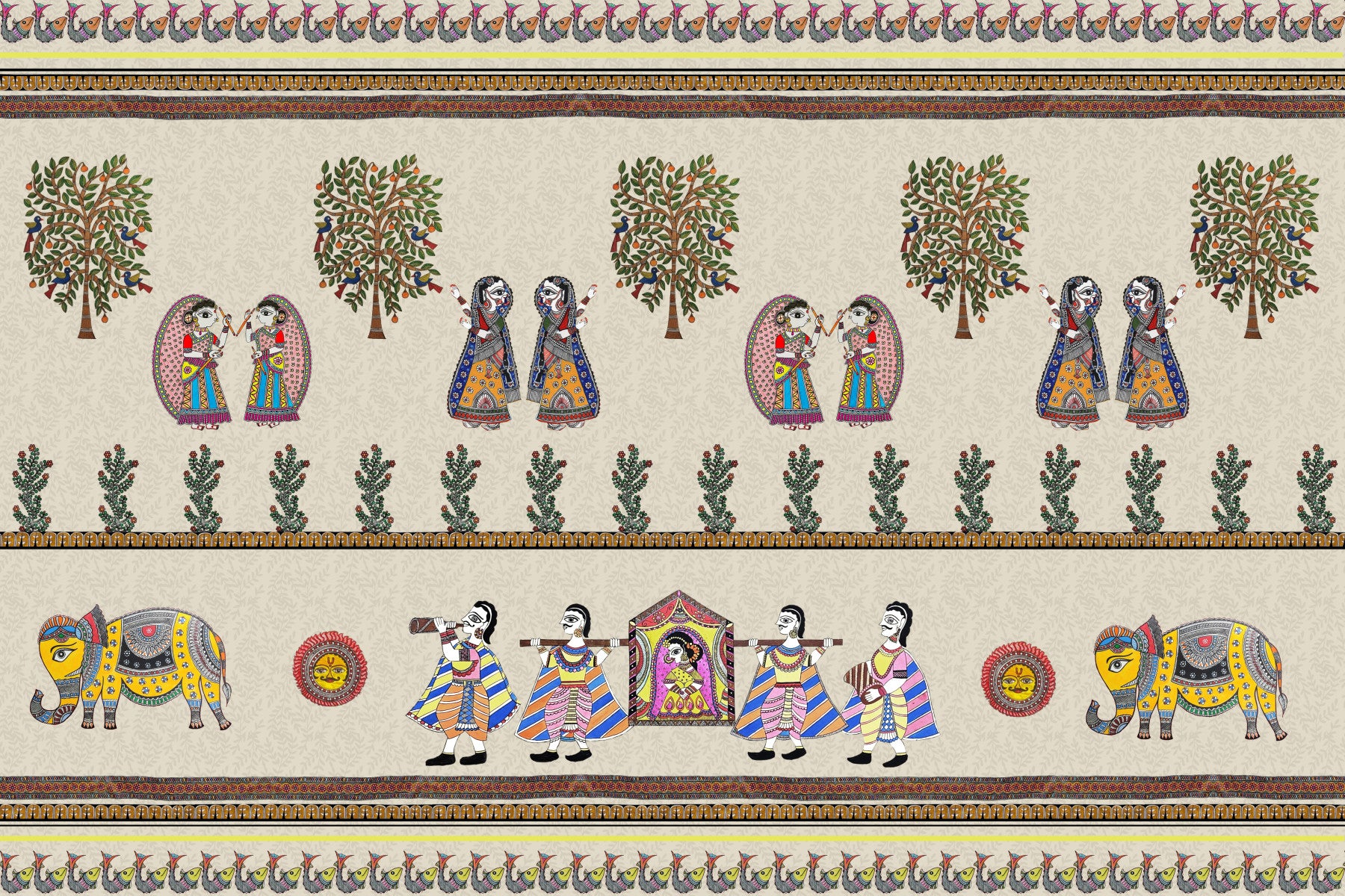 Mithila Majesty wall mural with traditional Indian folk motifs