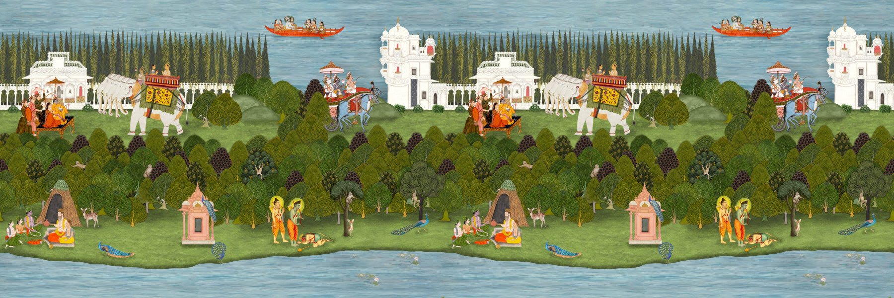 Rishikesh inspired wall mural showing forest, river, and spiritual life