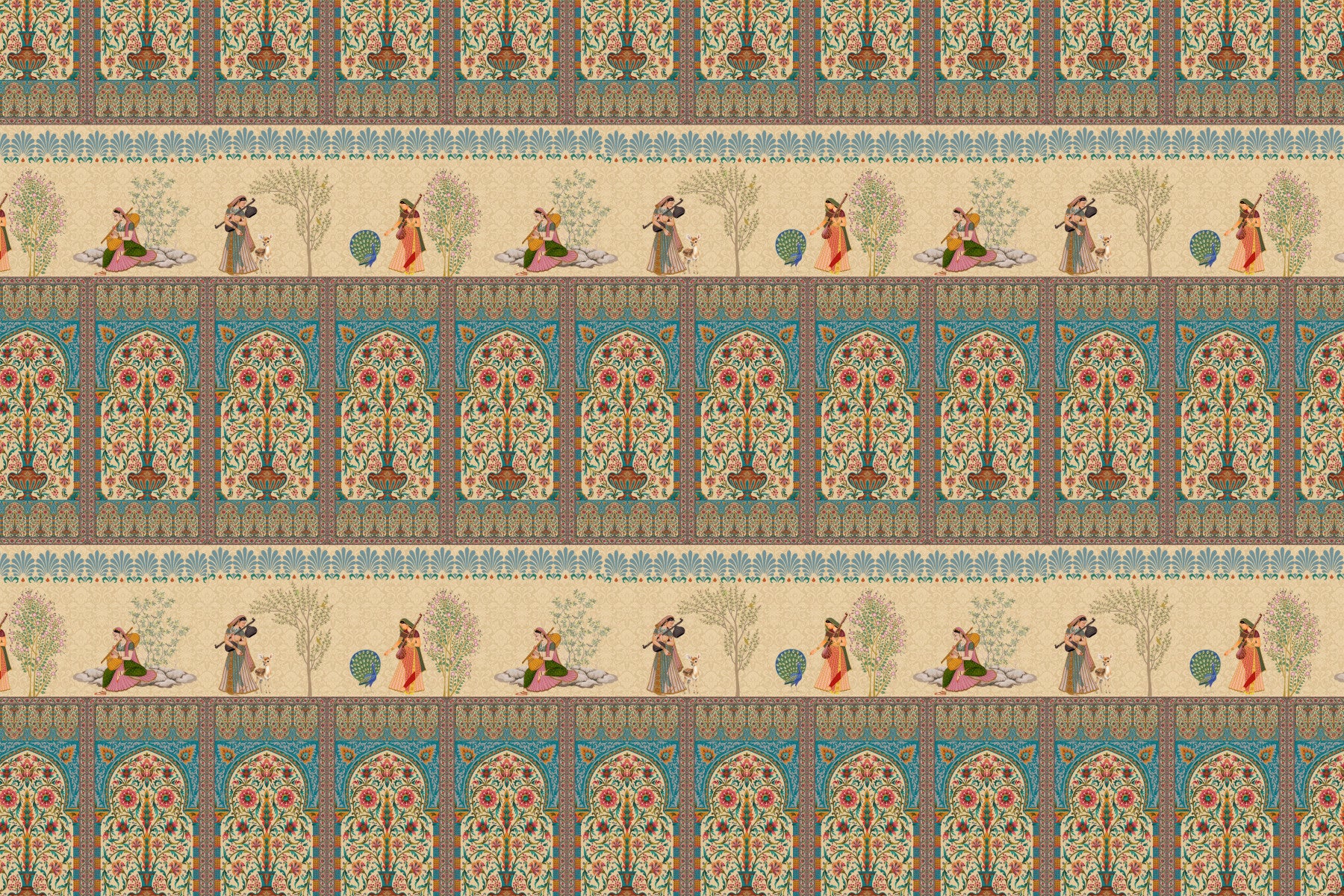 Mughal-inspired mural in modern living room, jewel tones, detailed arches, feature wall decor
